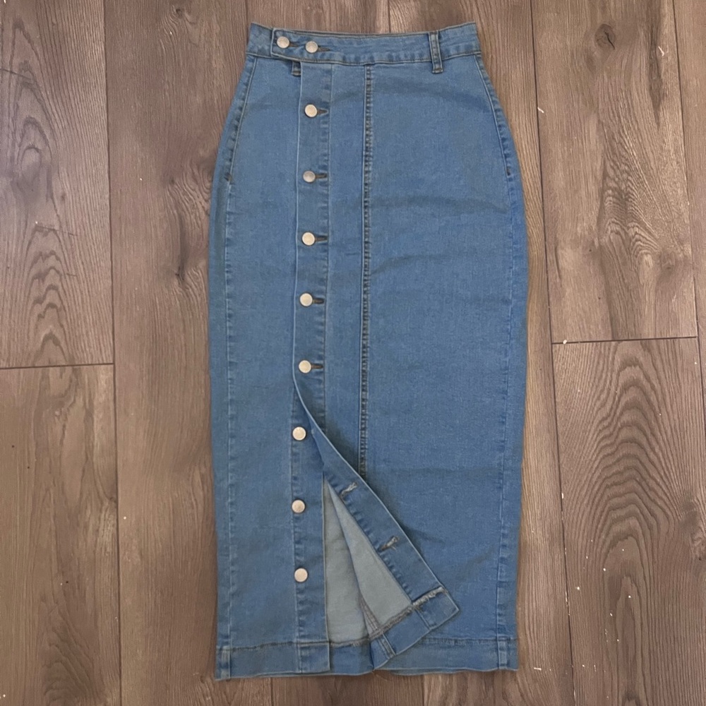 Classic Blue Button-Front Pencil Skirt